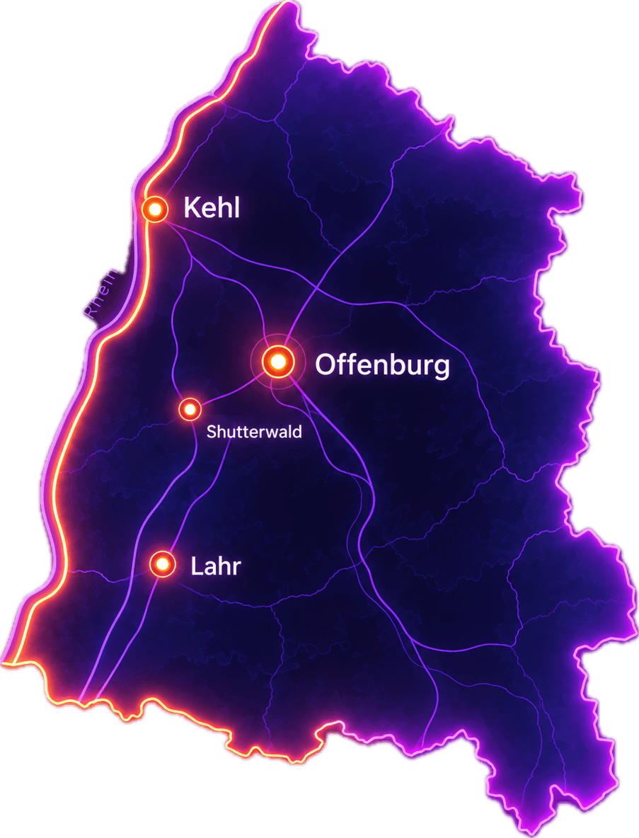 Karte der Ortenau mit Kehl, Offenburg, Schutterwald und Lahr